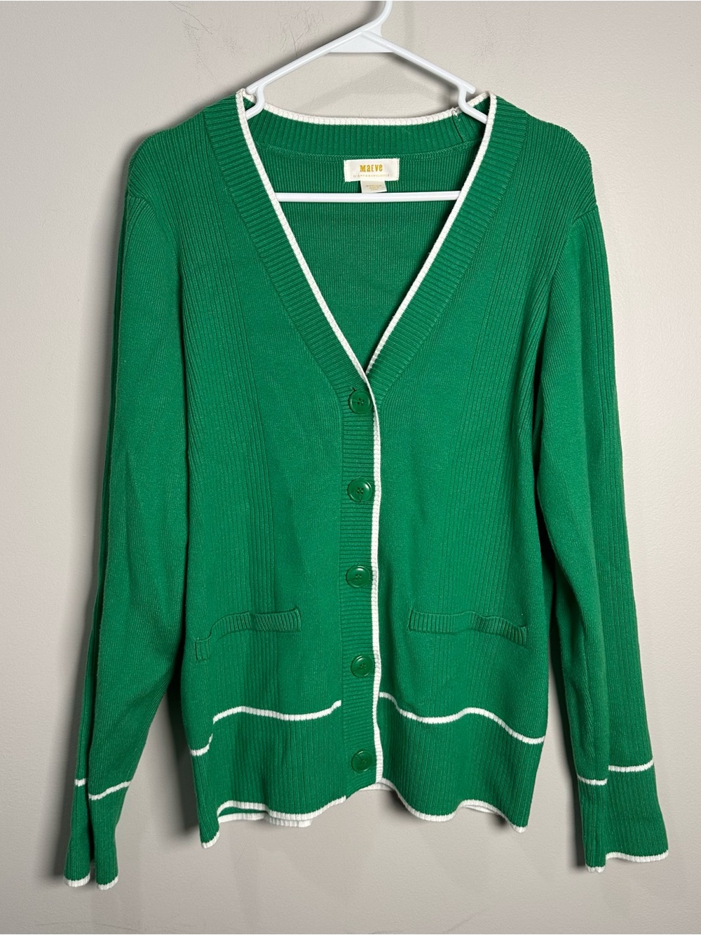 Anthropologie Maeve Green V-Neck Button Cardigan with White Trim